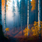 Colorful autumn forest digital painting with white birch trees