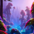 Enchanting purple and pink mystical forest with fog and towering trees