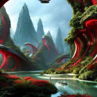 Fantasy landscape with towering rocks, red flora, river, birds, and hazy sky