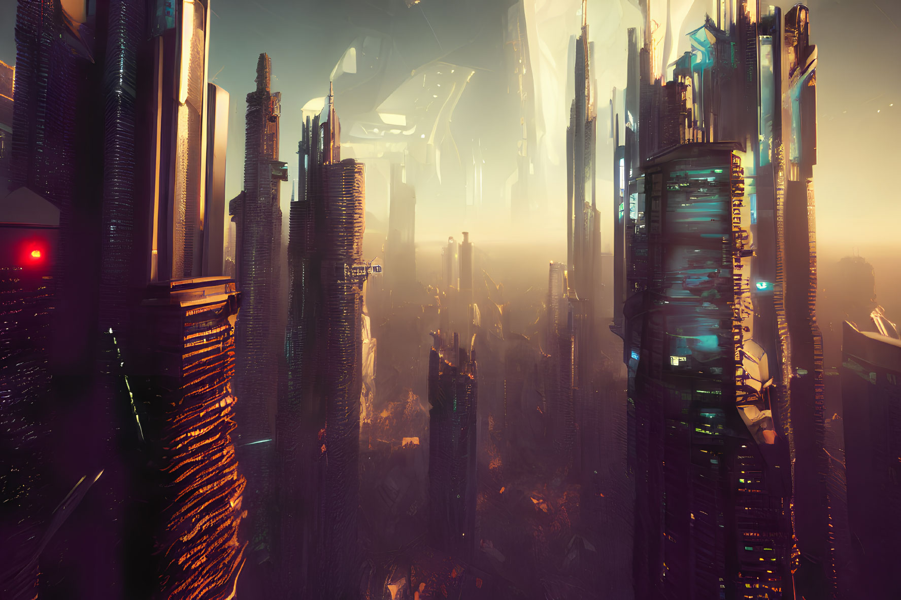 Futuristic cityscape with golden sunset light and advanced architecture