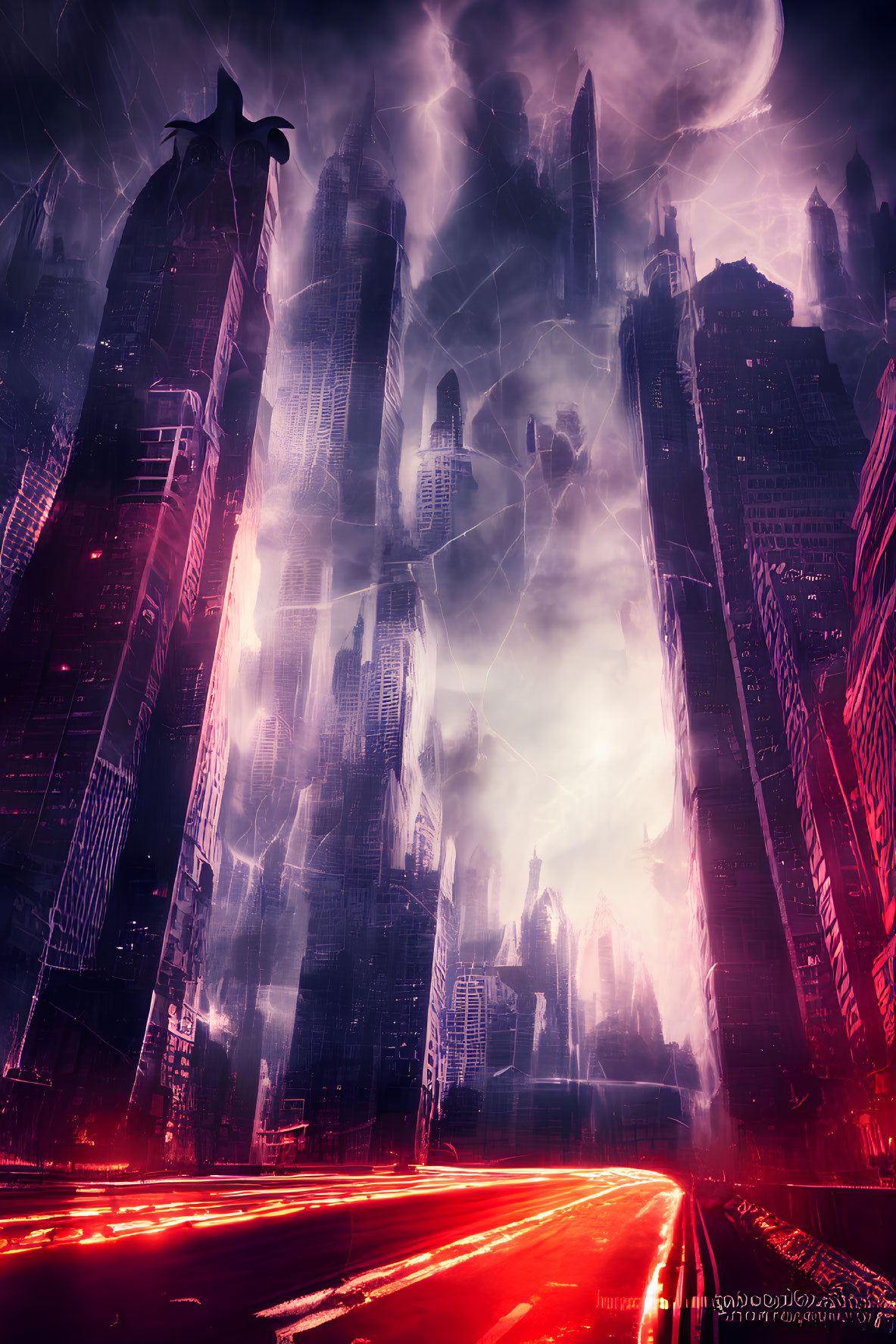 Futuristic cityscape with misty skyscrapers under dark red sky