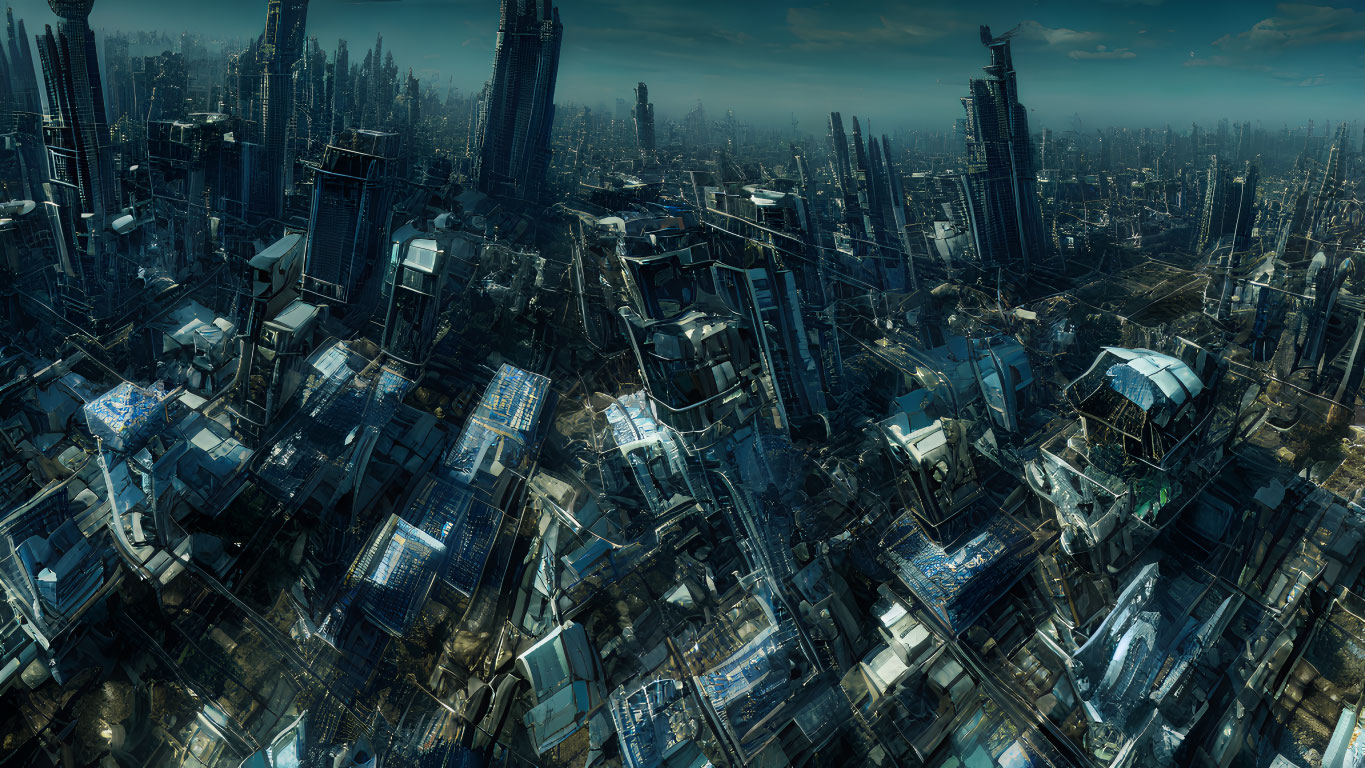 Futuristic cityscape with high-rise buildings under blue-hued sky