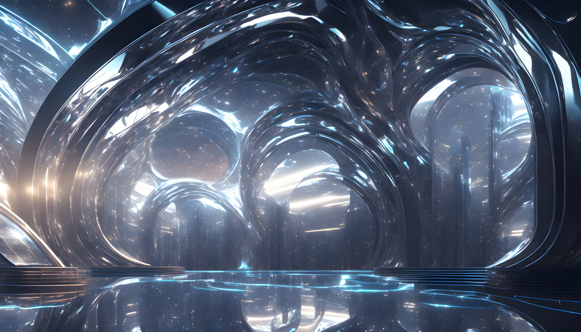 Futuristic interior with gleaming metallic structures and reflective floor in blue light