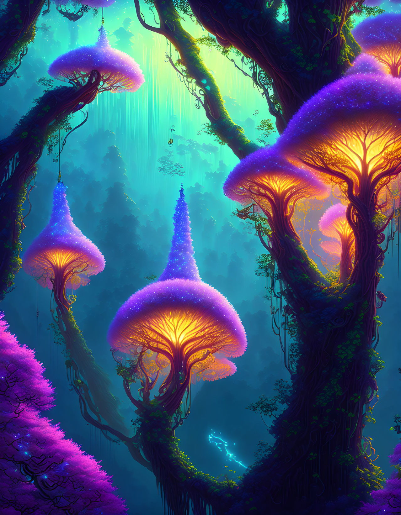 Enchanted forest with glowing mushroom trees and blue light