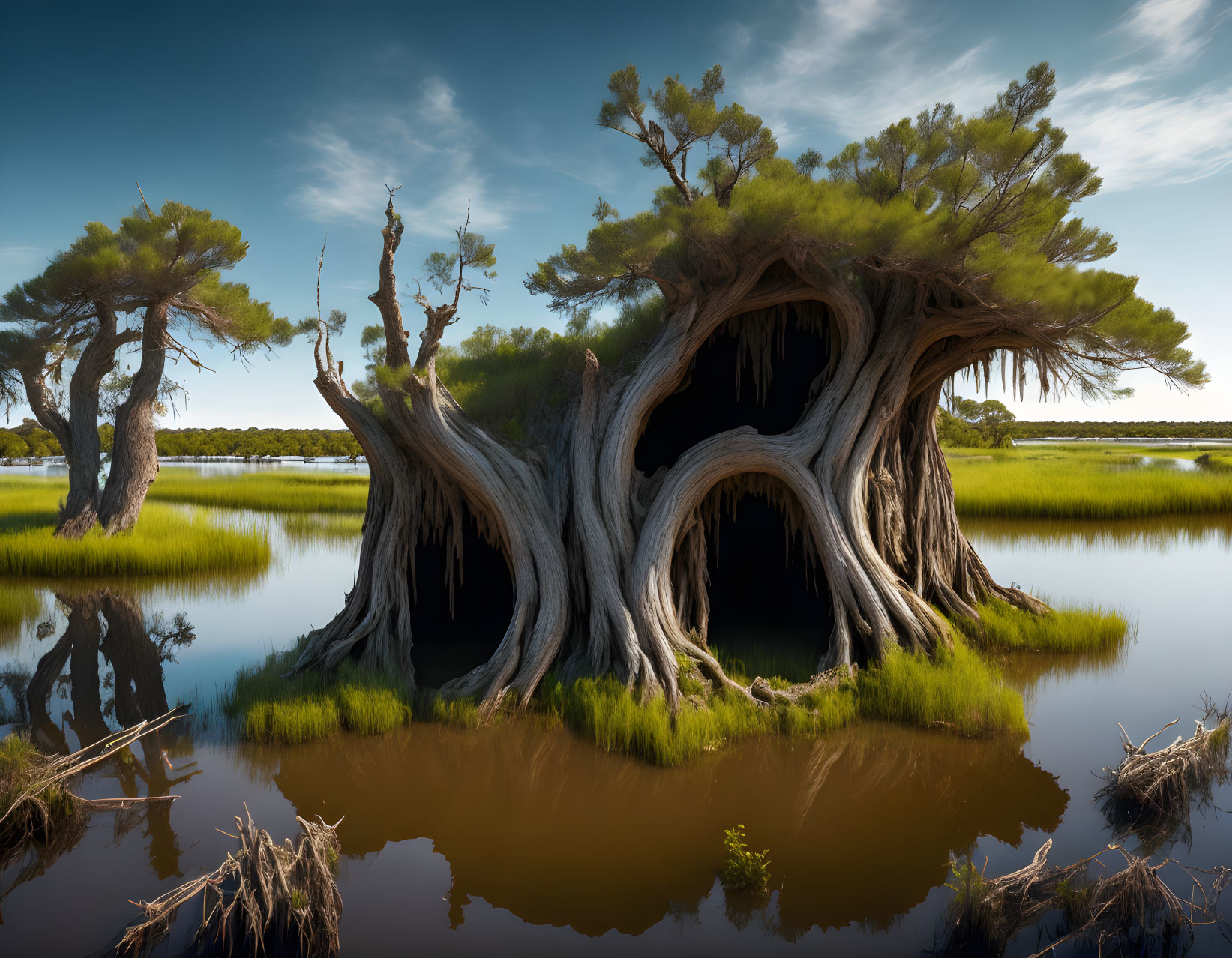 Majestic ancient trees in lush marshland under clear sky