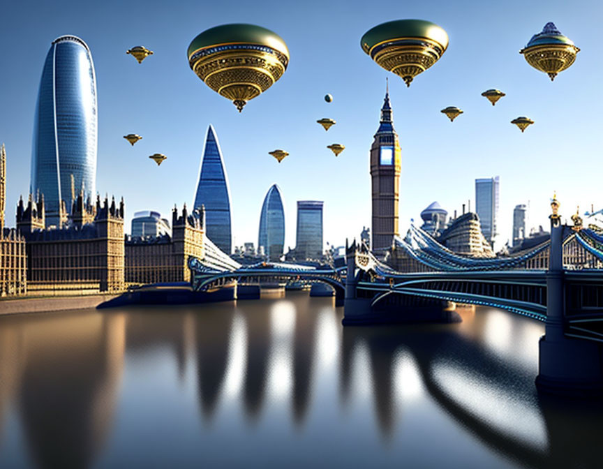 Futuristic London skyline with flying saucers and iconic landmarks