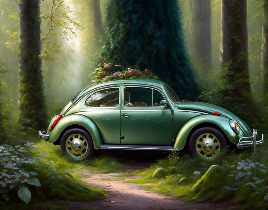 Vintage green Volkswagen Beetle in forest setting with sunlight and white flowers