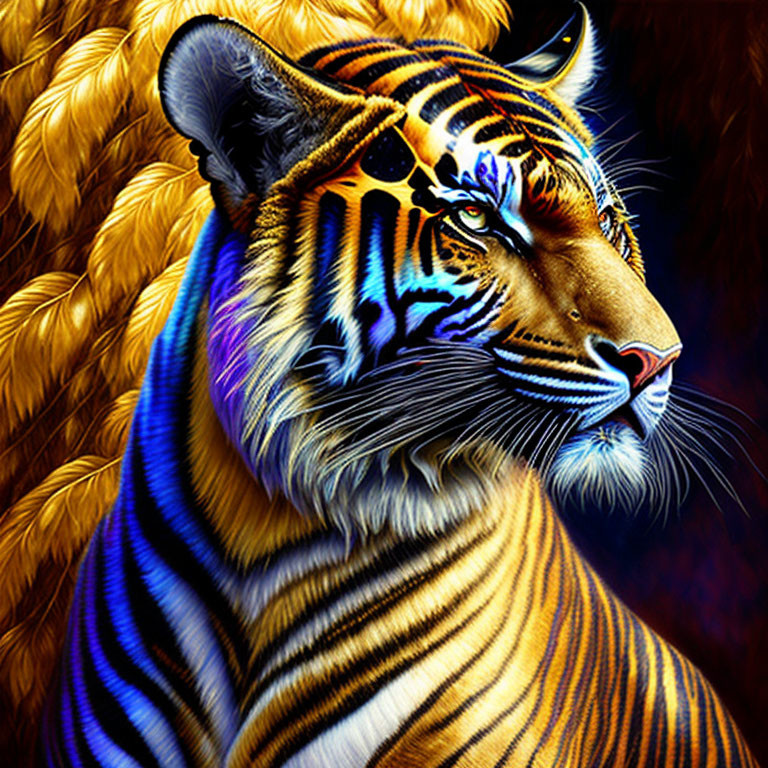 Colorful Tiger Artwork with Blue Eyes and Vivid Stripes