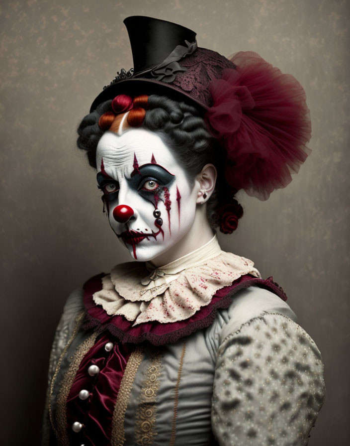 Gothic-themed clown with vintage outfit and theatrical makeup