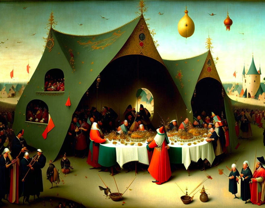 Medieval outdoor feast painting with people in tents and castle.