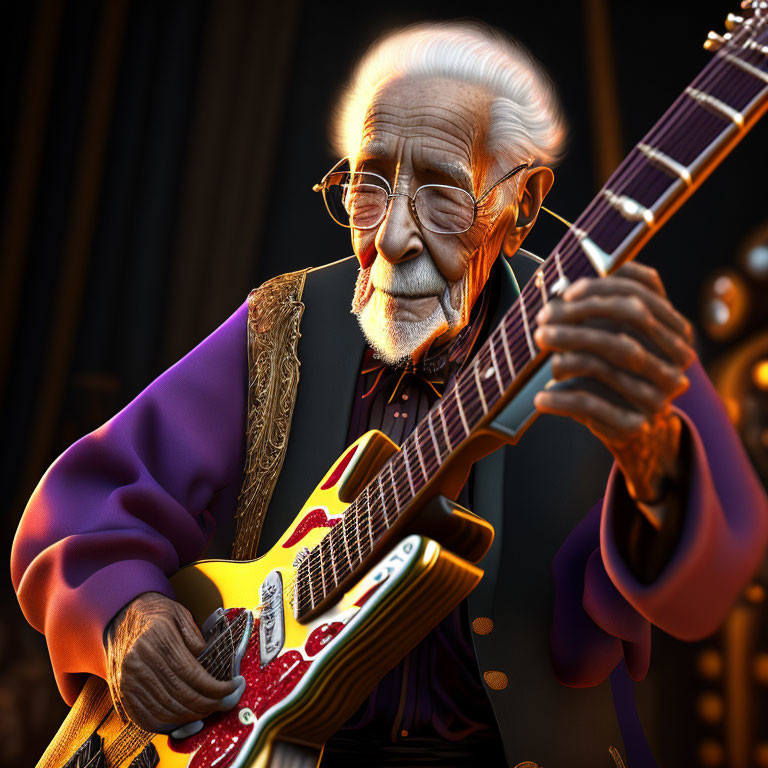 Elderly man with white mustache plays electric guitar in purple shirt