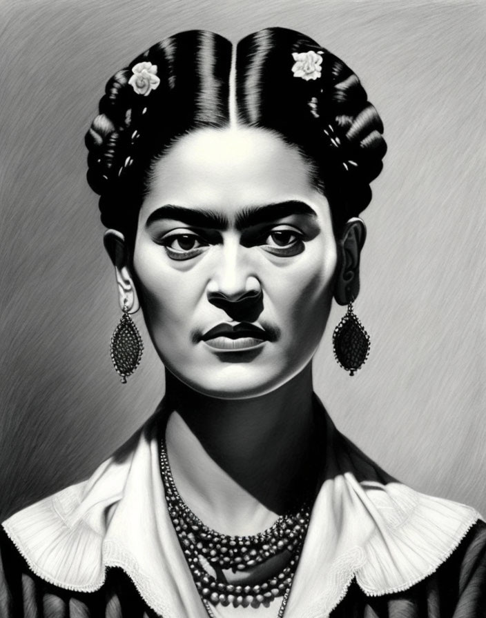 Monochrome portrait of woman with floral hair, bold eyebrows, earrings, and necklace