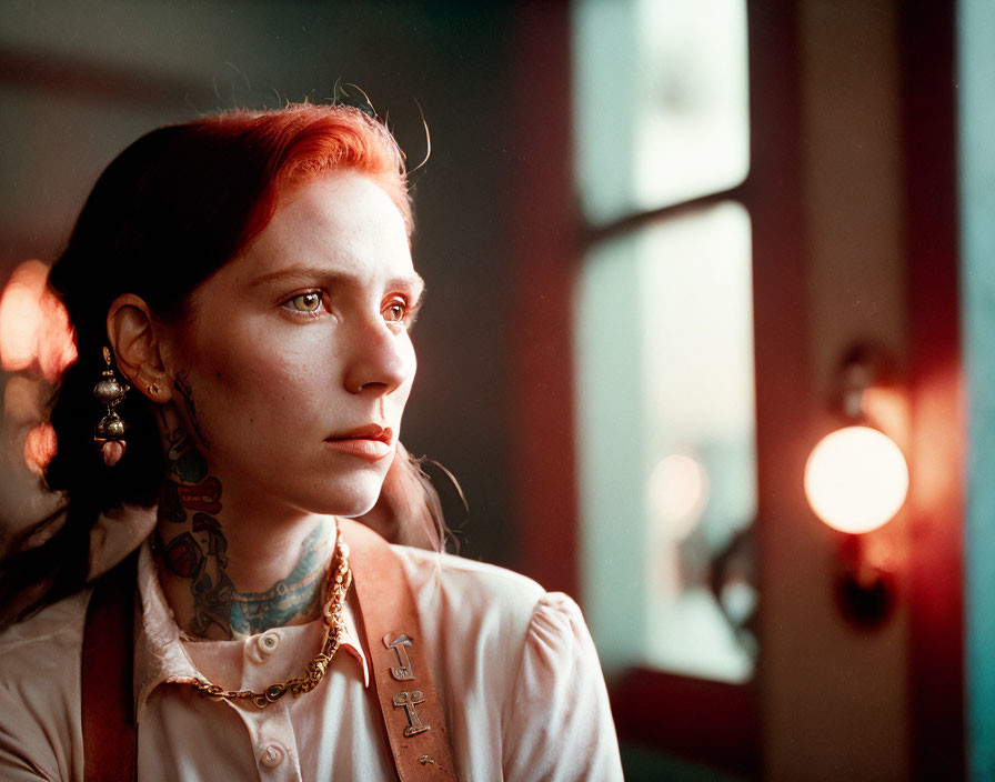 Red-haired woman with tattoos and piercings gazes out window in warm light