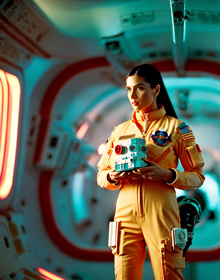 Female astronaut in spacecraft corridor holding device attentively