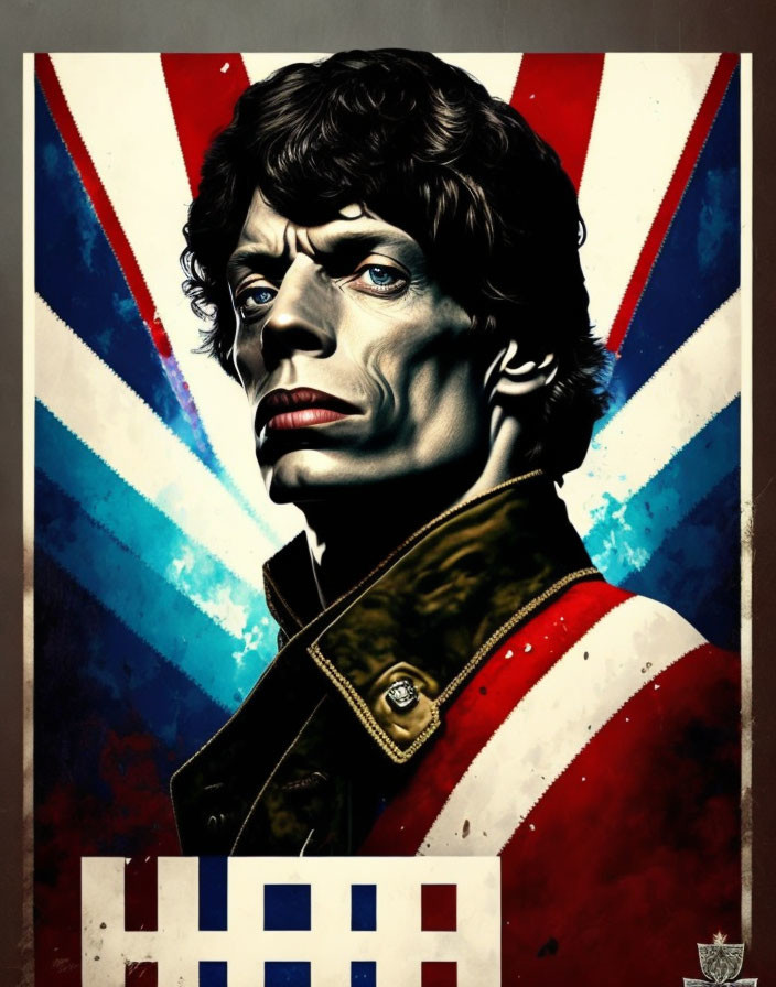 Striking man portrait against British flag backdrop in military-style jacket