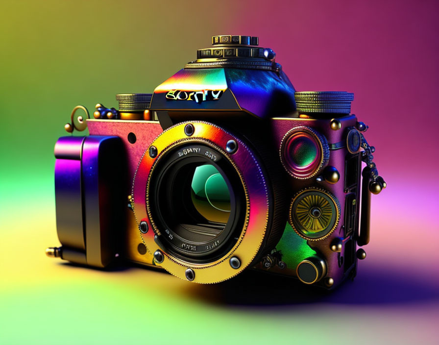 Vibrant camera with rainbow background and "sorty" branding