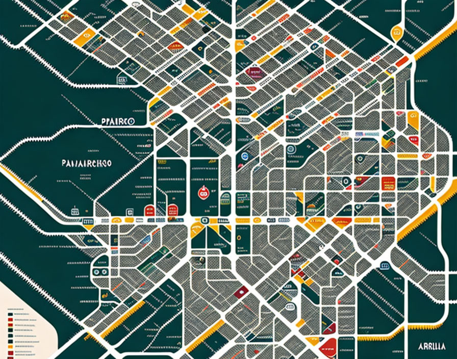 Detailed dark city map with labeled streets, landmark icons, and legend.