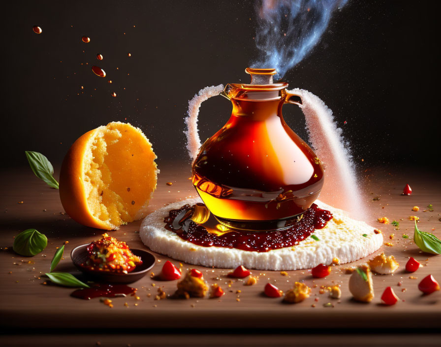 Vibrant still-life composition with glass jug, steam, orange, chili, basil, and spices