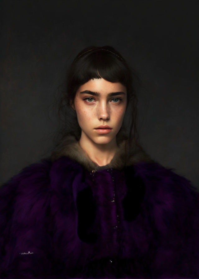 Young woman with dark hair, blue eyes, and freckles in purple fur coat against dark background