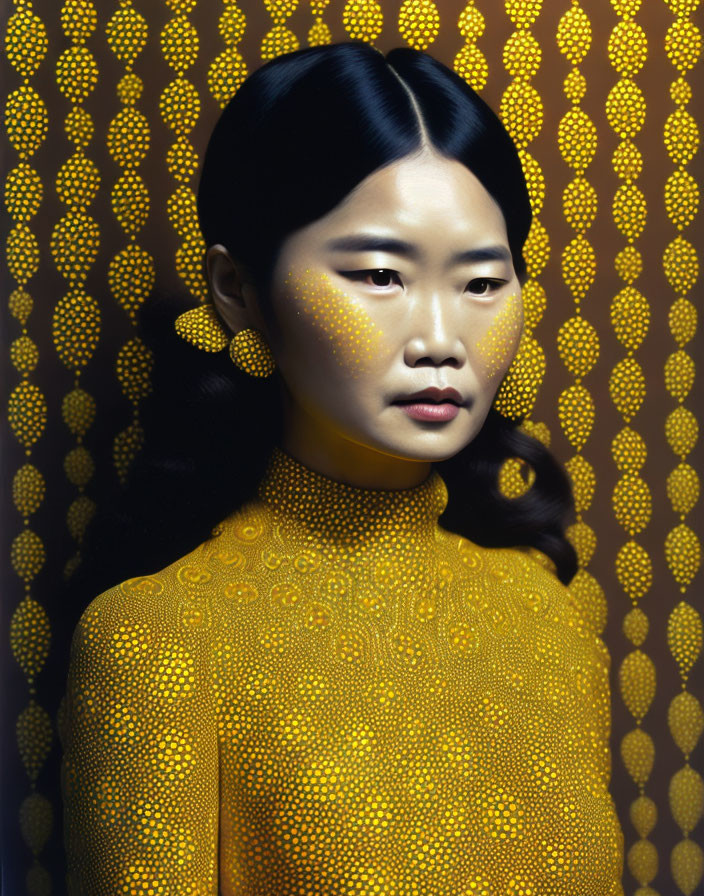 Woman with Hair in Bun Blending into Dotted Yellow Background