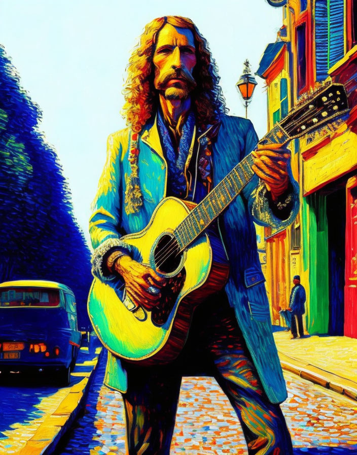 Vibrant street scene illustration with person holding guitar