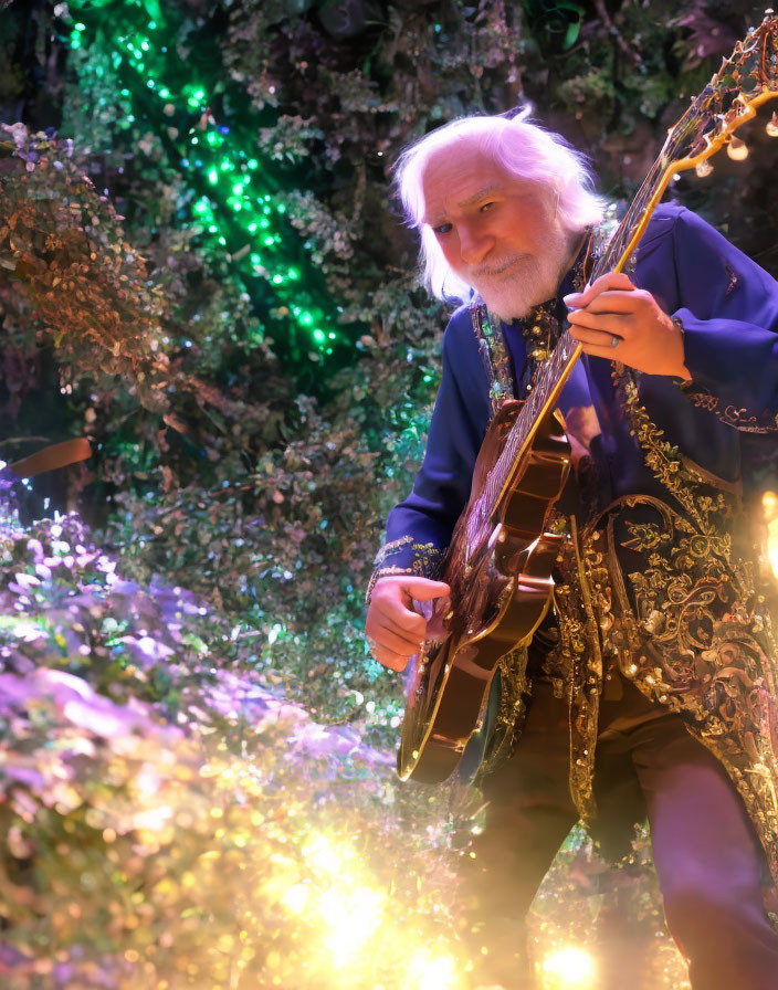 Elderly man plays double-neck guitar in colorful setting