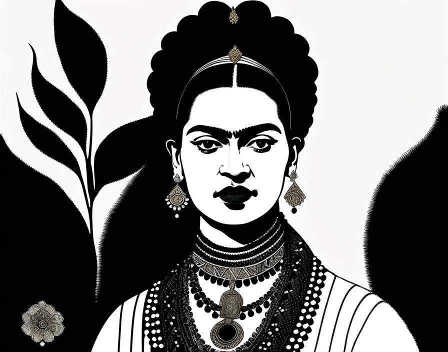 Monochromatic illustration of woman with traditional jewelry and floral motifs