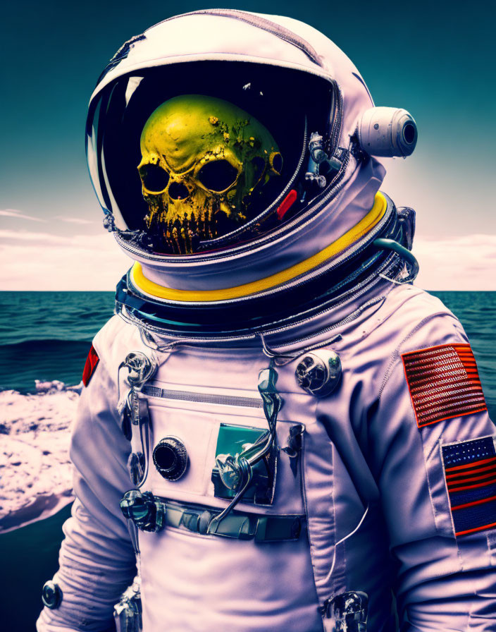 Skull inside astronaut suit against seascape background