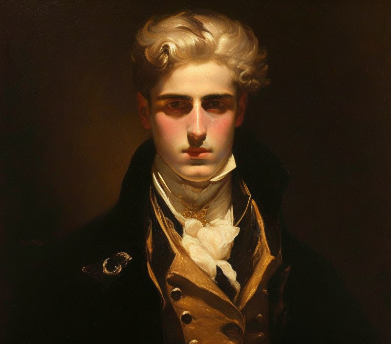 Young man in dark coat with golden buttons and white cravat portrait.