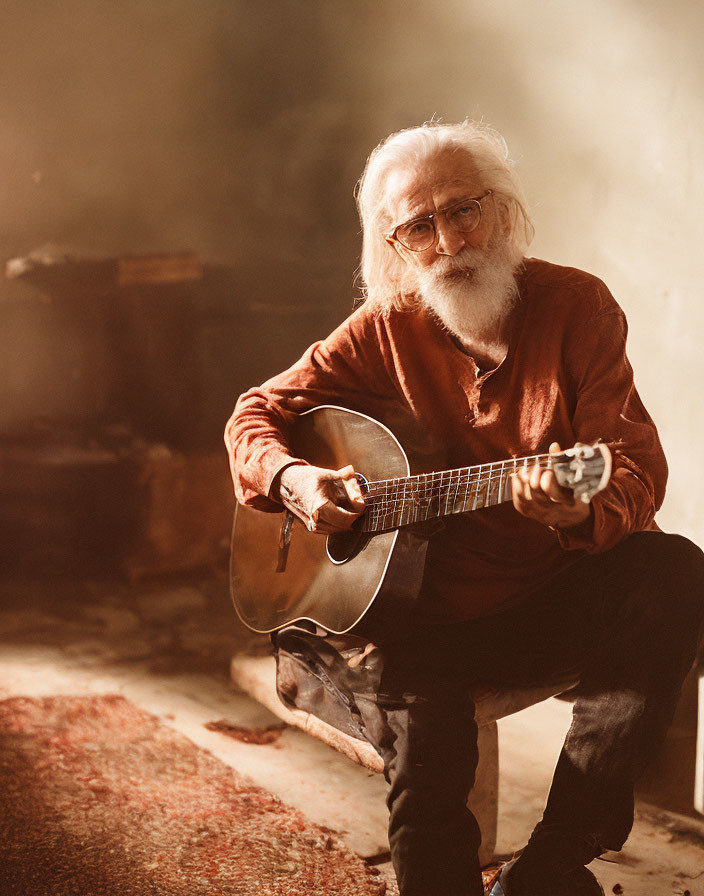 Elderly Man with Long White Beard Playing Guitar in Warmly Lit Rustic Scene