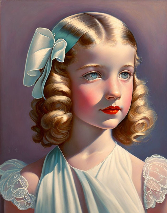 Portrait of Young Girl with Blonde Curls and Blue Eyes in White Dress