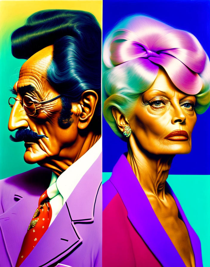 Vibrant stylized portraits of man and woman with exaggerated features