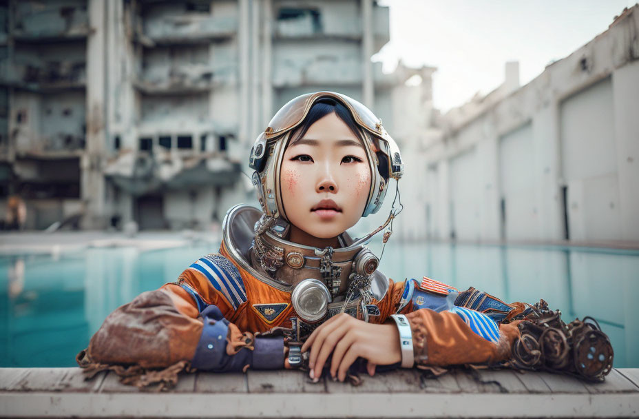 Young person in astronaut suit rests by pool near dilapidated buildings