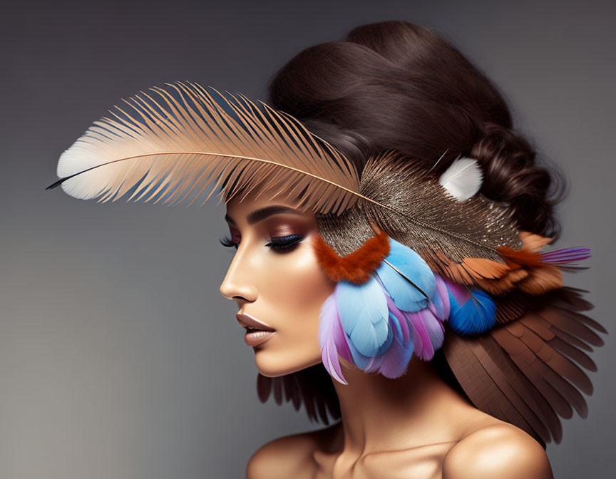 Woman with Creative Feathered Hairstyle on Grey Background