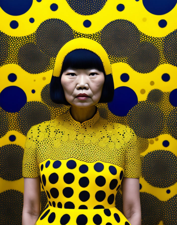 Woman in Yellow Polka-Dotted Dress Camouflaged in Matching Background