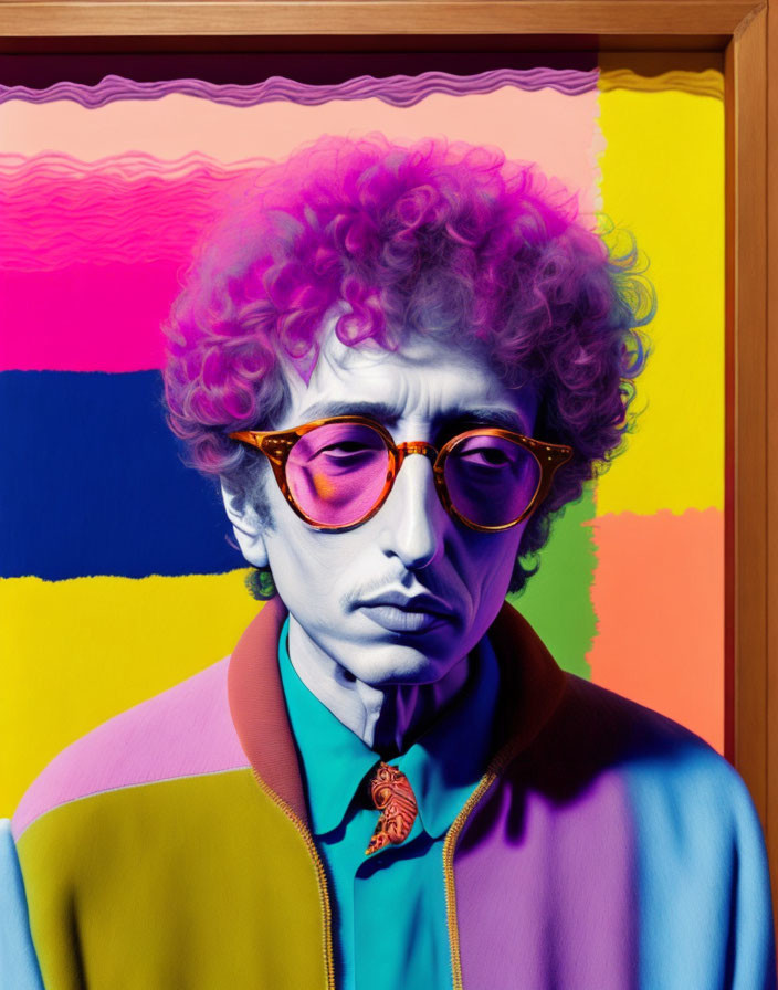 Vibrant portrait of a person with curly hair and sunglasses on colorful background