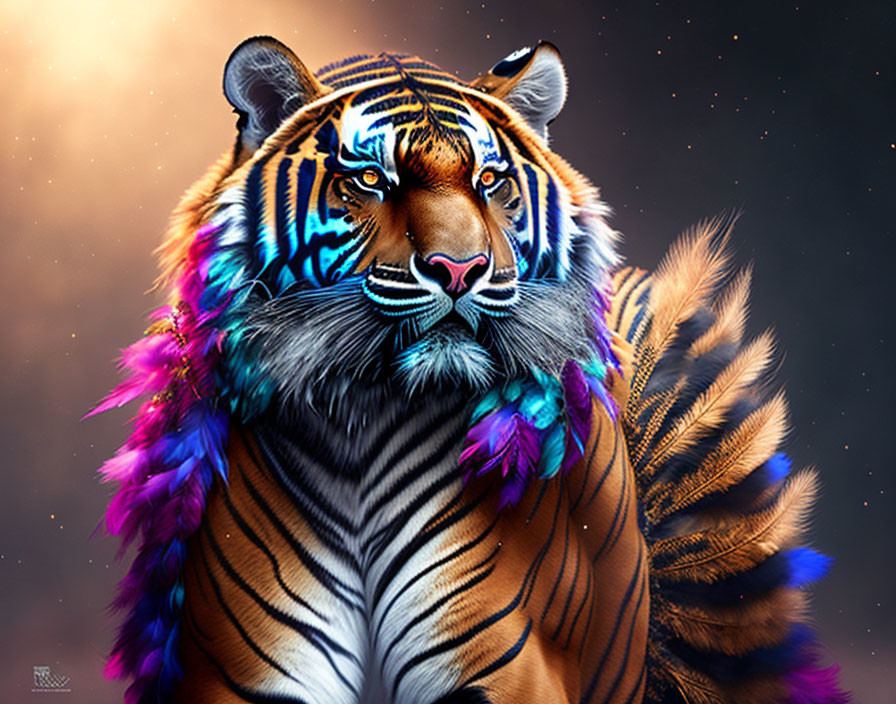 Colorful Tiger with Blue and Purple Hues on Starry Night Sky