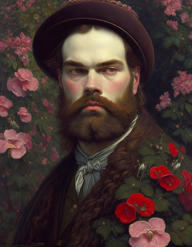 Man with Full Beard and Brown Hat in Greenery and Red Flowers