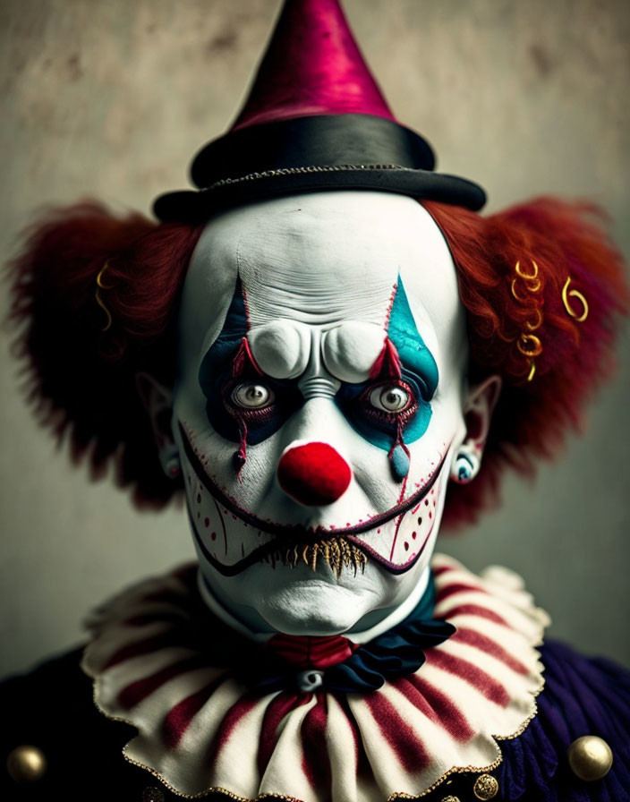 Colorful Clown Makeup and Costume with White Face and Red Nose