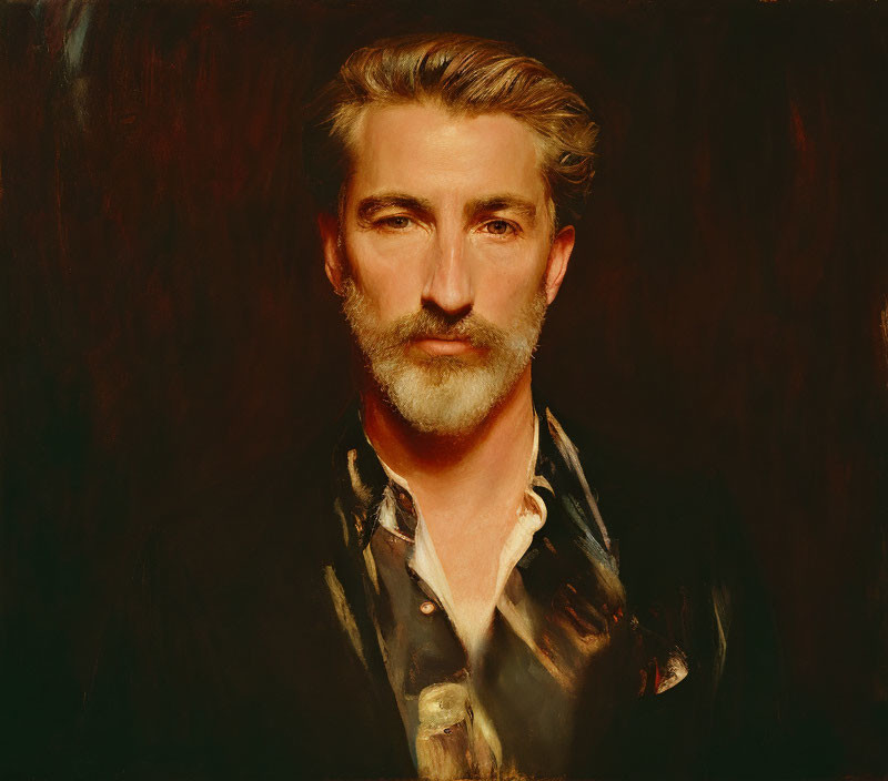 Stylized portrait of man with mustache and beard in dark shirt