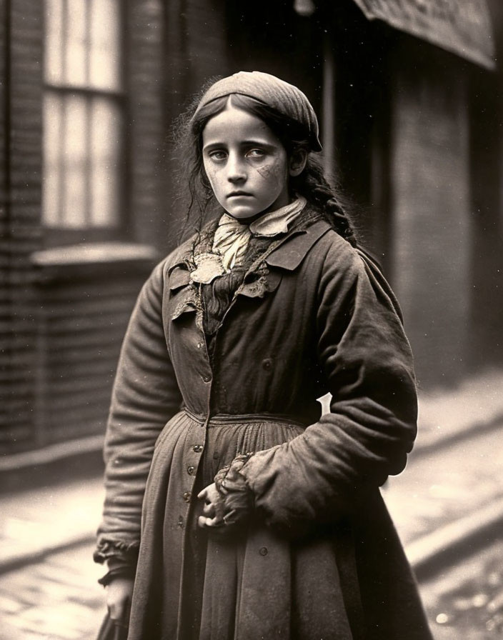 Vintage attired young girl on cobblestone street with leaf brooch.