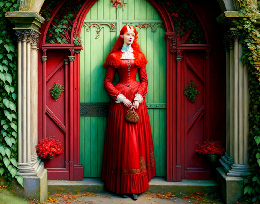 Person in vintage red dress by ornate green door with foliage and red flowers