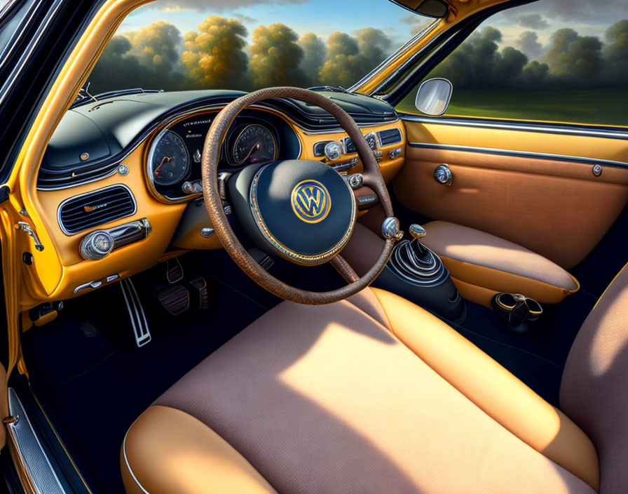 Beige leather dashboard, round gauges, and logo steering wheel in vintage car interior.