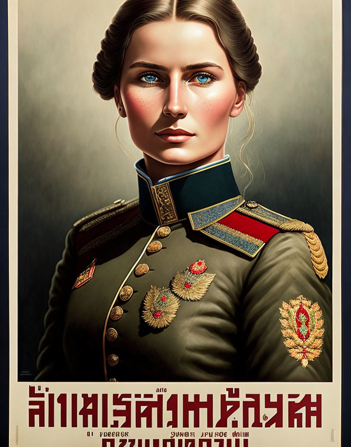 Stylized portrait of woman in military uniform with Cyrillic text