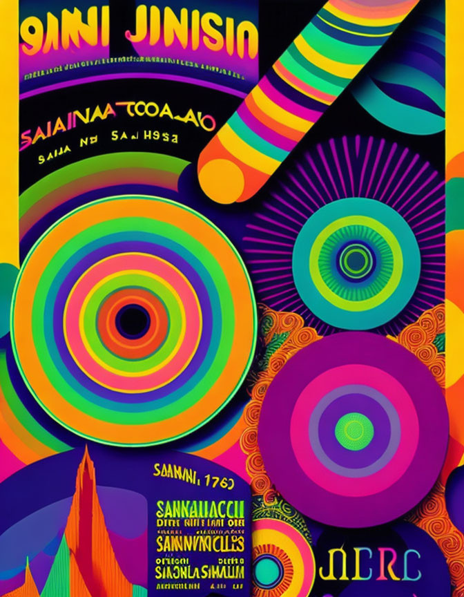 Colorful Psychedelic Poster with Swirling Patterns and Retro Vibes