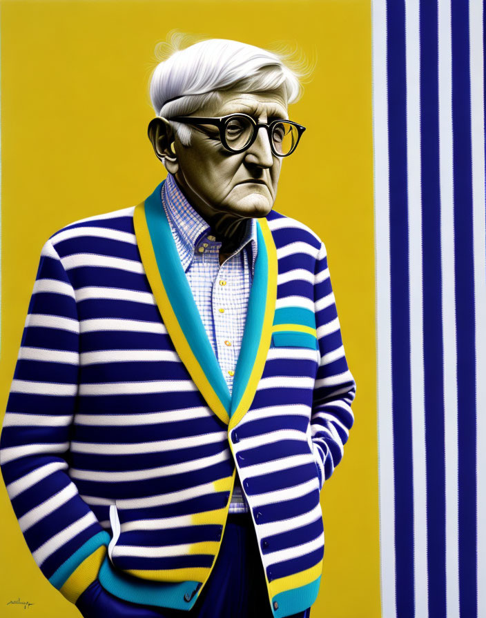 Elderly man in striped outfit against yellow background