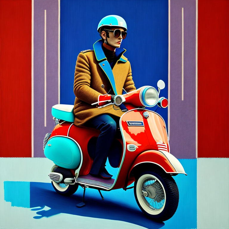 Stylish person in yellow coat on vintage scooter with blue scarf