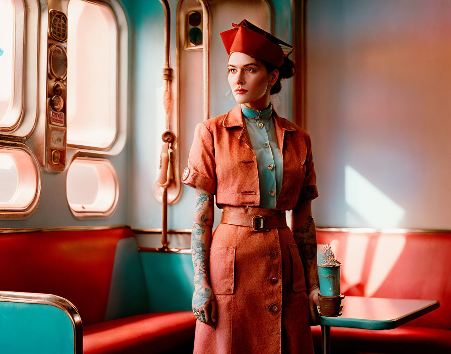 Vintage stewardess in airplane cabin with tattoos, hat, and sunlight