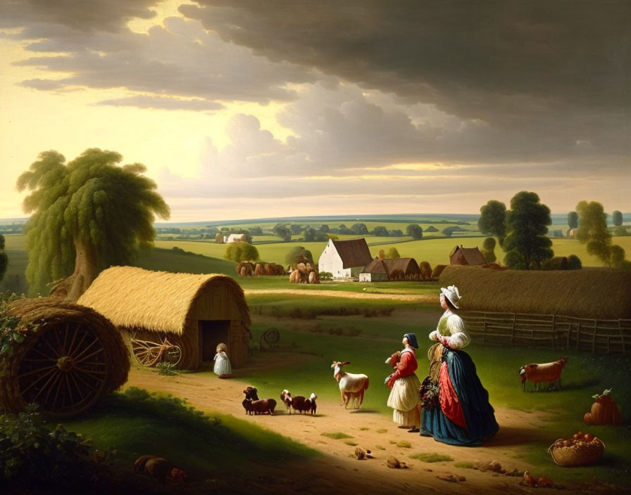 19th-Century Farm Scene with People, Livestock, Thatched Barn, and Rolling