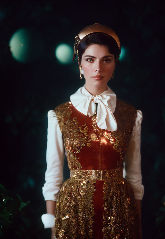 Medieval-inspired woman in gold headpiece and embroidered vest on dark background